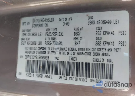 2001 Dodge Ram 1500 St из США, поврежденный, VIN 3B7HC13Y01G203629